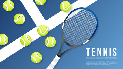 Wall Mural - Tennis racket with ball on  tennis blue court background Illustrations for use in online sporting events , Illustration Vector  EPS 10