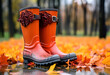 rubber boots stand on an autumn background. generative AI