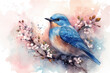 a bluebird perched on a tree branch and surrounded by a flurry of falling cherry blossom petals Generative AI AIG18.
