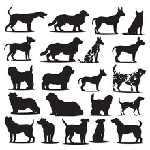 A Collection Of Dogs With Different Breeds' Silhouette Vectors.
