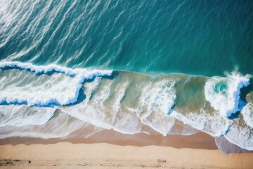  Ocean waves on the beach as a background. Beautiful natural summer vacation holidays background. Aerial top down view of beach and sea with blue water waves