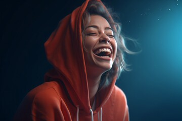 A AI-generated, non-existing beautiful laughing woman wearing a oversize hood