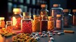 Different pills and bottles for pharmaceutical and healthcare medication and drug research labs. Generative AI. Digital Art Illustration