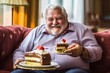 Unable to resist his insatiable sweet tooth, the overweight man savors every bite of a decadent slice of cake. Ai generated.