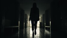 Businesswoman Walk Walk Towards The Exit Door Silhouette Night Dark In Office