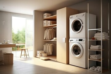 Home laundry room furniture with modern washing machine in minimalist style. Generative AI