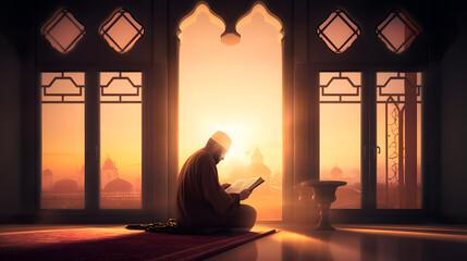 Wall Mural - Muslim reading Quran in Mosque at sunset, beautiful religion and knowledge concept, generated