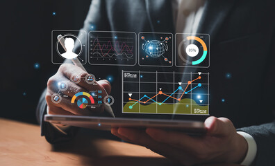 Wall Mural - young entrepreneur using big data analysis and cloud technology to collect customer data and display