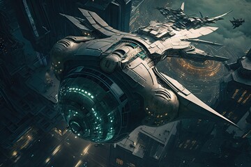 Wall Mural - cyber punk spaceship seen from above. glorious generative ai.