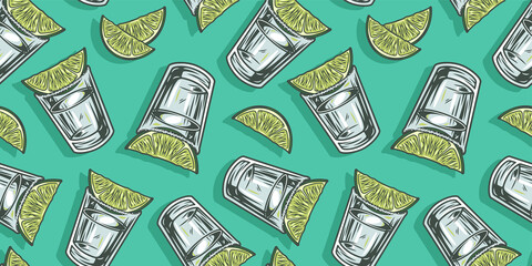 Wall Mural - Seamless pattern wallpaper of cocktail with tequila and lime for bar alcohol menu design