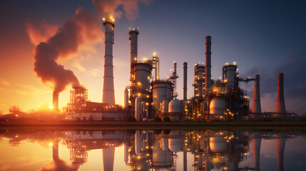 Oil refinery plant for crude oil industry on desert in evening twilight, energy industrial machine for petroleum gas production background