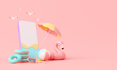 Wall Mural - Minimal Summer pink vacation beach with cute elements Flamingo inflatable ring, smartphone, and other background concept, Display for Product mock-up or Cosmetics with summer pink theme. 3d rendering