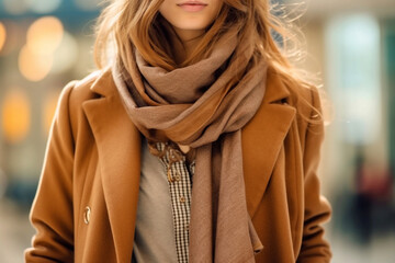 Wall Mural - Stylish beige brown orange scarf around the neck. Female casual street style outfit. Fashion details