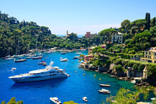Portofino, Italy. Beautiful Bay With Boats In The Mediterranean Sea.