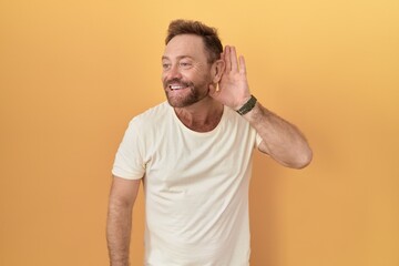 Sticker - Middle age man with beard standing over yellow background smiling with hand over ear listening an hearing to rumor or gossip. deafness concept.