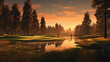 Parcours de golf au coucher du soleil