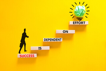Wall Mural - Success and effort symbol. Concept words Success is dependent on effort on wooden block. Beautiful yellow table yellow background. Businessman icon. Business success and effort concept. Copy space.