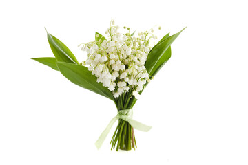 Wall Mural - Lilly of the valley flowers and leaves isolated on white background