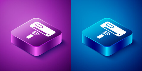 Canvas Print - Isometric Air conditioner icon isolated on blue and purple background. Split system air conditioning. Cool and cold climate control system. Square button. Vector