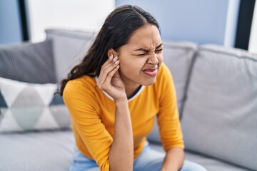 Poster - Young african american woman suffering for ear problem at home