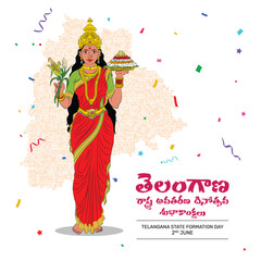 vector illustration ofTelangana Formation Day. telangana thalli and telangana map with flowers around