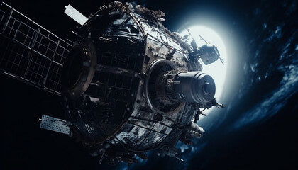 Poster - Futuristic spaceship propels through dark galaxy, powered by electricity generated by AI