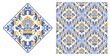 Azulejo mosaic tiles, square patterns with floral motifs, in blue and white colors. Mediterranean, Portuguese, Spanish traditional vintage ceramic tilework. Arabesque ornament with flowers. Vector