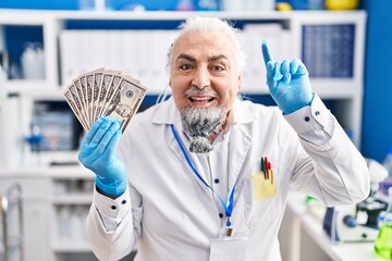 Canvas Print - Middle age man with grey hair working at scientist laboratory holding money surprised with an idea or question pointing finger with happy face, number one