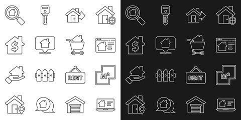 Sticker - Set line Online real estate house, House plan, Sale, Location with, dollar symbol, Search and Shopping cart icon. Vector