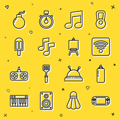 Sticker - Set line Portable video game console, Punching bag, Wi-Fi wireless internet network, Music note, tone, Ice cream, Bomb ready explode and Easel painting art boards icon. Vector