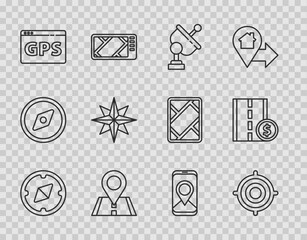 Wall Mural - Set line Compass, Target sport, Radar, Location, Gps device with map, Wind rose, City navigation and Toll road traffic sign icon. Vector