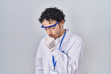 Poster - Hispanic man working at scientist laboratory feeling unwell and coughing as symptom for cold or bronchitis. health care concept.