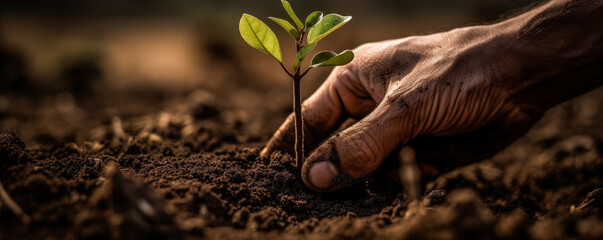 Captivating close-up of hands planting a vibrant young tree in rich, fertile soil - an emotional symbol of growth and flourishing for new businesses. Generative AI