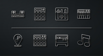 Canvas Print - Set line Home stereo, Location musical note, Music synthesizer, Guitar amplifier, Drum machine, tone and Sound mixer controller icon. Vector