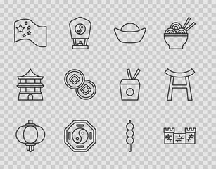 Sticker - Set line Chinese paper lantern, Great wall of China, Sushi, Yin Yang, flag, Yuan currency, Meatballs on wooden stick and Japan Gate icon. Vector