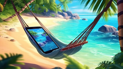 Poster - Using smartphone and sitting in wicker hammock on tropical resort. Generative ai