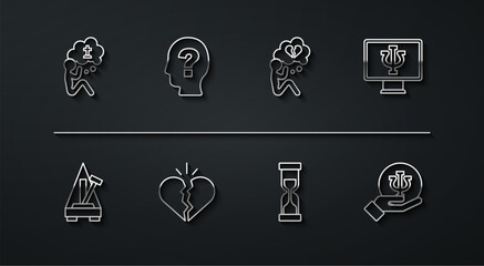 Wall Mural - Set line Man graves funeral sorrow, Metronome with pendulum, Psychologist online, Old hourglass, Broken heart divorce, Head question mark, Psychology, Psi and icon. Vector