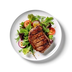 Poster - Delicious Grilled Steak and Salad on a White Background Generative AI