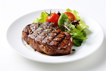 Poster - Delicious Grilled Steak and Salad on a White Background Generative AI