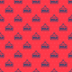 Sticker - Blue line Hanging sign with text Sold icon isolated seamless pattern on red background. Auction sold. Sold signboard. Bidding concept. Auction competition. Vector