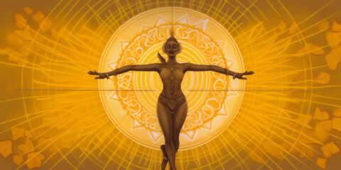 Beautiful flying yoga woman, swadhistana chakra awakening. Yoga of enlightenment. Chakra yoga concept. AI Generative