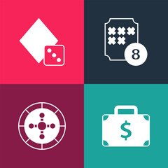 Wall Mural - Set pop art Briefcase and money, Casino roulette wheel, Lottery ball bingo card and Game dice icon. Vector