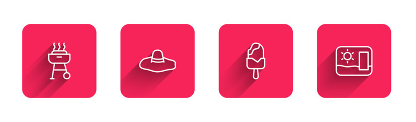 Sticker - Set line Barbecue grill, Elegant women hat, Ice cream and Travel postcard with long shadow. Red square button. Vector