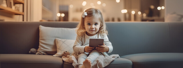 little one year old girl holding a smartphone in her hands, solid color background, copy space banner concept of the problem of children and smartphones generative ai