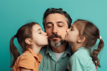 Caucasian mid father and child hugging and kissing on a blue background, generative ai