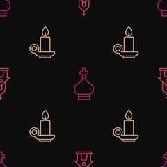 Wall Mural - Set line Church building, Burning candle candlestick and Christian church tower on seamless pattern. Vector