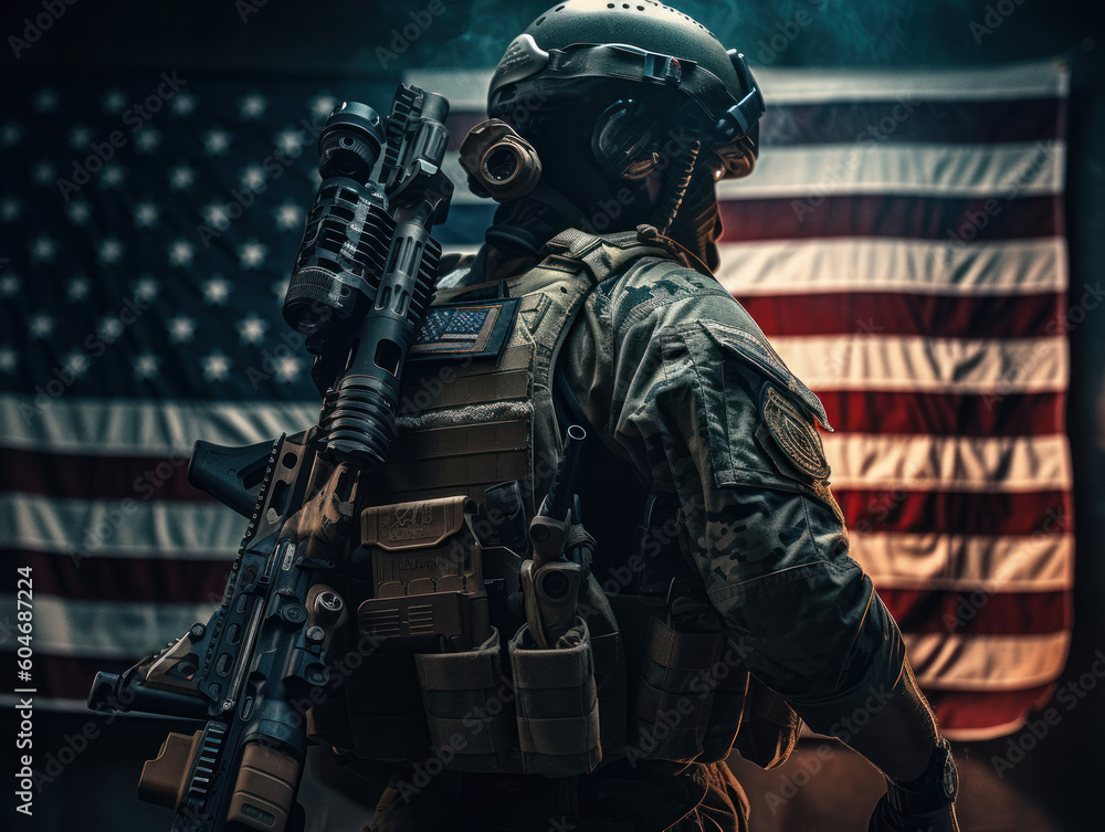 United States Army Special forces soldier in uniform and helmet with ...