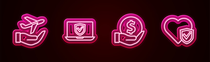 Poster - Set line Plane in hand, Insurance online, Money with shield and Life insurance. Glowing neon icon. Vector