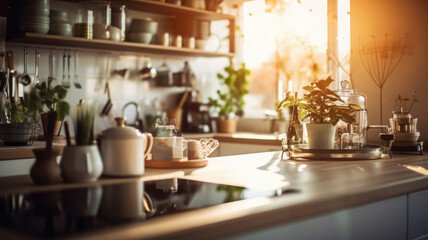 Kitchen wooden table top with breakfast at morning time. Scandinavian style vintage kitchen interior. Created with Generative AI