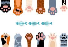 Pet Paws Background. Cats Want Fish Skeleton. Different Kittens Foots, Cartoon Cat Or Tiger Paw With Claws. Animal Abstract Decent Vector Banner